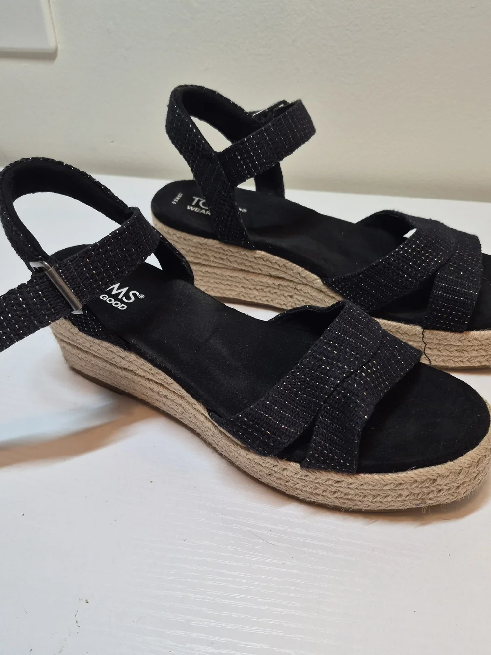 Toms Black Espadrille Wedge Sandals with Subtle Metallic Thread